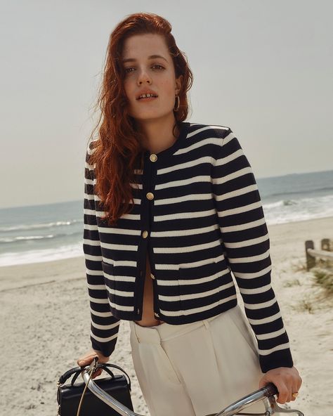 J.Crew: Emilie Patch-pocket Sweater Lady Jacket In Stripe For Women Lady Jacket, Bold Shoes, Parisian Women, Perfect Cardigan, Pocket Sweater, Classic Cardigan, Fall Capsule Wardrobe, Jcrew Women, Work Wardrobe