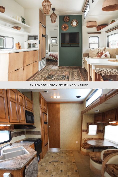 Peek inside this family-friendly Toy Hauler remodel with an earthy, modern interior / Photo and Renovation from @thelincolntribe #rvrenovation #renovatedrv #fifthwheel #toyhauler #campermakeover #designvibes #glamper #glamping #rvremodel #rvinspiration #rvdecorideas #glamping #camperremodel #modernrv #moderncamper #terracotta #earthymodern #tinyhome #moderndesert #earthyinterior Open Floor Plan Camper, Fema Trailer Remodel, Earthy Rv Remodel, Earthy Camper Renovation, Toy Hauler Remodel Interiors, Motorhome Kitchen Remodel, Earthy Camper Interior, Earthy Rv Interior, Old Fifth Wheel Remodel