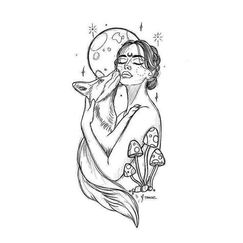 Tattoo Placements, Kunst Tattoos, Art Sketches Doodles, Art Sketches Pencil, Illustration Art Girl, Desenho Tattoo, Beauty Illustration, Moon Tattoo, Tattoo Sketches