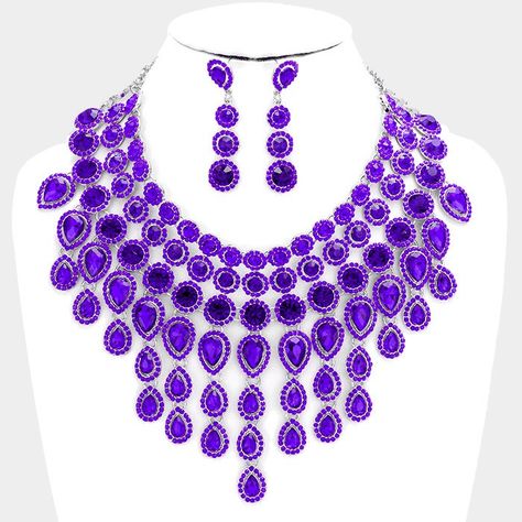 Product Description Crystal / Bib Style / Teardrop / Round / Dangling / Bridal / 12" Length / 5" Drop / Lobster Claw / Adjustable Up To 16" / Necklace Set Evening Necklace, Earring Sets, Teardrop Necklace, Super Sale, Fashion Accessories Jewelry, High End Fashion, Necklace Earring Set, Lobster Claw, Purple Color