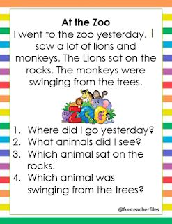 Teacher Fun Files: Reading Passages with Comprehension Questions 1 Reading Comprehension Grade 1, Teacher Fun Files, Reading Comprehension Texts, Remedial Reading, First Grade Reading Comprehension, Reading Comprehension For Kids, Reading Comprehension Kindergarten, Reading Comprehension Lessons, Kindergarten Reading Activities