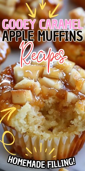 Gooey Caramel Apple Muffins Caramel Apple Pie Muffins, Apple Caramel Muffins, Caramel Muffins Recipes, Thanksgiving Muffins, Butterscotch Muffins, Caramel Apple Muffins, Apple Pie Muffins, Caramel Apple Dip, Moist Muffins