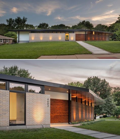 The exterior of a mid-century modern inspired house features materials like light buff brick, white stucco, and exposed concrete, all of which are accented by stained cedar, and highlighted by accent lighting at night. White Brick Mid Century Exterior, White Brick House With Wood Accents, Mid Century Modern Homes Exterior, Stained Cedar, Dr Ideas, Mid Century Modern Exterior, Mid Century Exterior, Modern Remodel, Modern Garage