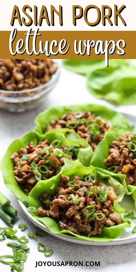 Asian Lettuce Wraps - an easy, healthy and low-carb Asian inspired appetizer or light meal for lunch or dinner. Flavorful ground pork or chicken tossed with shiitake mushrooms and water chestnuts in a savory sweet sauce, wrapped around crunchy lettuce. Joyous Apron, Simple Appetizers, Easy Lettuce Wraps, Wraps Easy, Pf Chang, Asian Chicken Lettuce Wraps, Asian Lettuce Wraps, Pork Wraps, Pork Lettuce Wraps