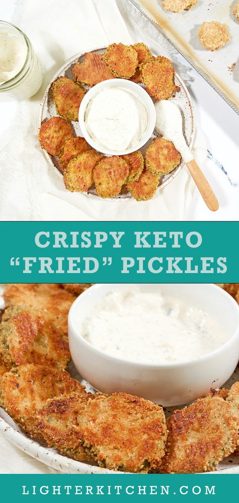 Low Carb Pickle Chips, Keto Oven Recipes, Keto Fried Pickles Air Fryer, Prediabetes Meals, Keto Pickle Chips, Omnivore Recipes, Keto Fried Pickles, Crispy Fried Pickles, Keto Ranch Dressing