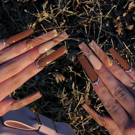 Brown Acrylic Nails Coffin, Acrylic Nails Marble, Marble Acrylic Nails, Brown Acrylic Nails, Tapered Square Nails, Long Acrylic Nail Designs, Cute Acrylic Nail Designs, Shiny Nails, Exotic Nails