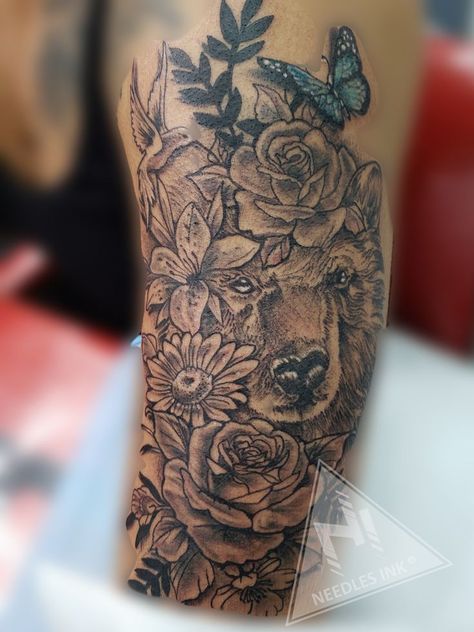 Bear And Butterfly Tattoo, Bear Butterfly Tattoo, Flower Bear Tattoo, Feminine Bear Tattoo For Women, Bear Floral Tattoo, Bear And Flowers Tattoo, Bear With Flowers Tattoo, Floral Bear Tattoo, Wildlife Tattoo Women