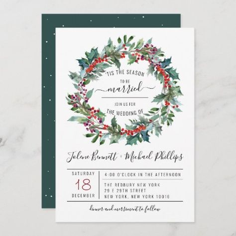 $2.92 | Tis The Season | Christmas Wedding Invitation - tis the season, to be married, wedding, christmas, watercolor, wreath, winter, holiday, festive, modern December Bride, Angel Wedding, Wedding December, Christmas Wedding Themes, Ariel Wedding, Christmas Wedding Invitations, Winter Holiday Party, Wedding Invitation Size, Watercolor Wreath