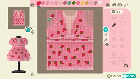 Acnh Pro Design Grid, Acnh Clothes Pattern Grid Dress, Animal Crossing Design Ideas Clothes Grid, Animal Crossing Strawberry Design, Acnh Pro Designs Tutorials, Acnh Dress Design Grid, Acnh Clothes Design Pattern Grid, Animal Crossing Pro Design Pattern, Strawberry Dress Pattern