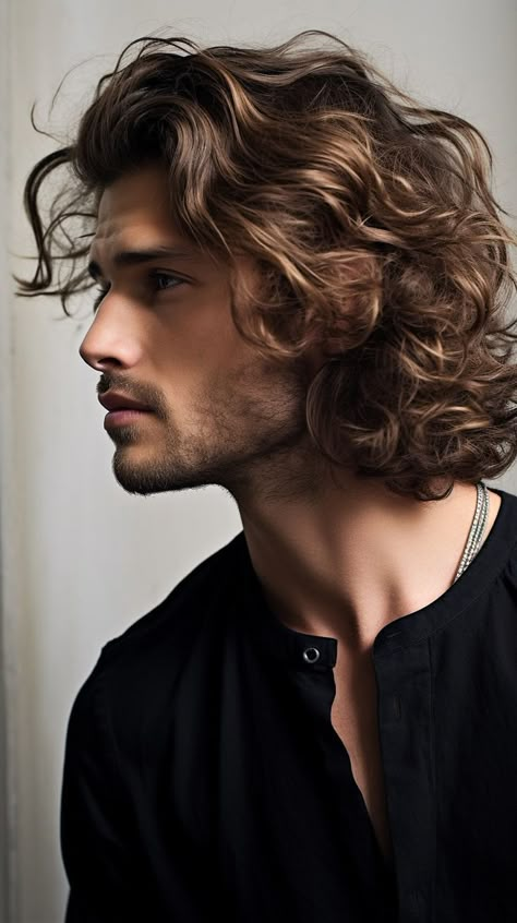 handsome man with medium length curly hairstyle. Coarse Curly Hair, Slick Backs, Hairstyle Guide, Long Curly Hair Men, Young Men Haircuts, Long Curly Haircuts, Wavy Hair Men, Hair Guide, Boys Long Hairstyles