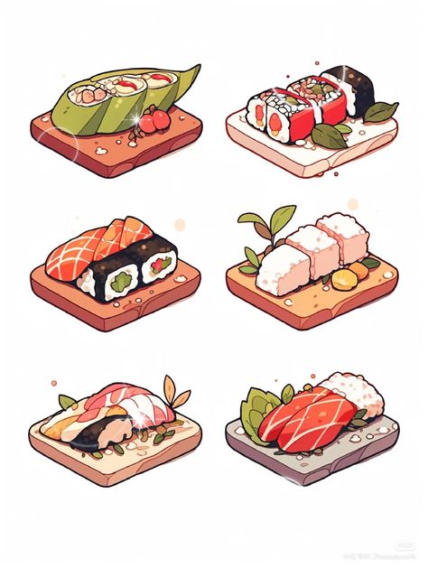 Sushi Drawing, Food Illustration Design, Plate Drawing, Chibi Food, Kitchen Drawing, Food Drawings, Foodie Art, Sushi Art, Food Artwork