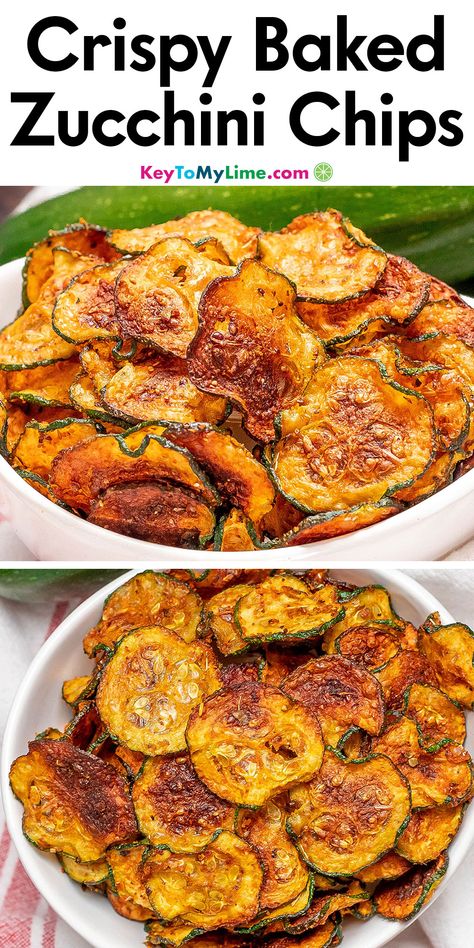 Two images of zucchini chips, with title text at the top. Crispy Baked Vegetables, How To Bake Zucchini In The Oven, Zucchini Chips Oven, Oven Baked Zucchini Chips, Crispy Zucchini Chips, Oven Fried Zucchini, Baked Zucchini Chips, Zucchini In The Oven, Crispy Zucchini