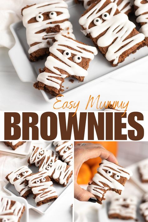 Looking for a fun tasty treat for Halloween? Try these cute, festive mummy inspired brownies with homemade brownies, a 3-minute icing and tasty candy eyes. With this large batch recipe, everyone will get a taste and love these brownies. Easy Halloween Brownies, Halloween Brownies Easy, Halloween Brownies Ideas Easy, Cute Brownies, Mummy Brownies, Mummy Treats, Halloween Brownies, Halloween Themed Food, Candy Eyes