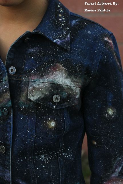 Galaxy Fabric Painting, Galaxy Shirt Diy, Denim Jacket With Stars, Galaxy Jacket, Thrifted Jacket, Customizing Clothes, Artistic Hand Painted Denim Jacket, Painted Denim Jacket Celestial, Painted Pants