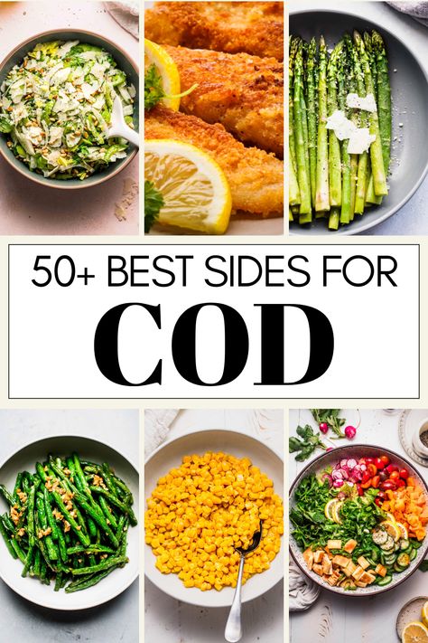 Wondering what the best side dishes for cod are? I've got you covered with this handy guide of tasty sides. From salads, to veggies, starches and more! Salad That Goes With Fish, Sides For Cod Fish Dinners, Sides For Cod, Cod Side Dishes, Sides That Go With Fish, Side Dishes For Cod, Sides With Fish, Sides For Fish, Side Dish For Fish