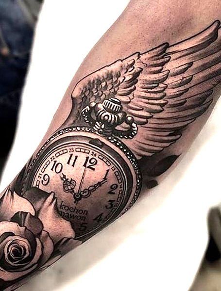 Wing Tattoo On Hand For Men, Angel Wings Half Sleeve Tattoo, Angel Wing Tattoos Men, Money Rose Hand Tattoo Men, Tattoo Wings Men, Angel Wing Tattoo Men, Rip Mum Tattoo Ideas, Tattoo Ideas For Men Sleeve Angel, Angel Wing Tattoo For Men