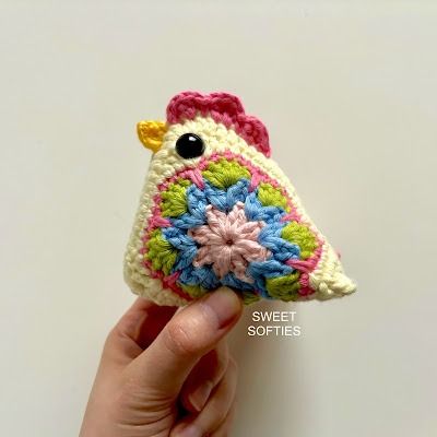 Granny Square Chicken · Free Crochet Pattern - Sweet Softies Chubby Chickies Crochet Pattern, Crochet Patterns Chicken Free, Sweet Softies Amigurumi, Chicken Crochet Coaster, Crochet Pattern For Chicken, Chubby Chicken Crochet Pattern, Crochet Granny Square Chickens, Crochet Christmas Ornaments Free Pattern Granny Squares, Crochet Small Granny Square Free Pattern