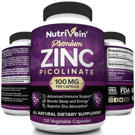 Nutrivein Premium Zinc Picolinate 100mg - 120 Capsules - Immunity Defense Boosts Immune System & Cellular Regeneration - Maximum Strength Bioavailable Supplement - Essential Elements for Absorption Zinc Benefits, Zinc Picolinate, Zinc Rich Foods, Immune System Boosters, Coconut Oil Pulling, Body Cells, Boost Immune System, Thyroid Health, Immune Support