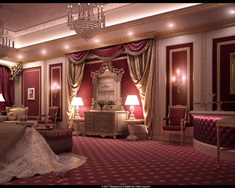 Elegantly decorated in gold and burgundy Burgundy Room, Burgundy Bedroom, Luxury Bedroom Sets, Royal Room, Royal Bedroom, Fancy Bedroom, Huge Bedrooms, Luxury Bedroom Design, Classic Interior Design