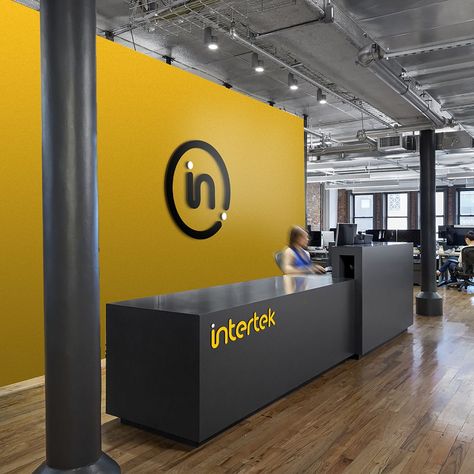 Office Paint Schemes, Yellow Desk, University Design, Performing Arts School, Minimalist Branding, Office Paint, Reception Desk Office, Aluminum Signage, Acrylic Signage