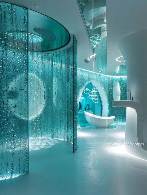 Cybercore Bathroom, Water Room Aesthetic, Blue Frutiger Aero, Cool Rooms In Houses, Frutiger Aero Bathroom, Frutiger Aero House, Frutiger Aero Interior, Frutiger Aero Bedroom, Futuristic Room Aesthetic