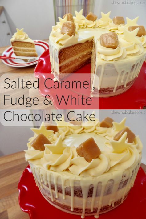 White Chocolate And Caramel Cake, Caramel Fudge Cake, Fudge White Chocolate, Chocolate Cake Cream, Cadbury Recipes, White Chocolate Desserts, Fudge Cake Recipe, Cake Slices, White Chocolate Cake