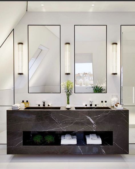 Bathrooms of Instagram on Instagram: “Oh so sexy 🖤 By @finchatton” Trough Sink Bathroom, Mirrors And Lights, Bathroom Mirror Design, Modern Bathroom Mirrors, Bathroom Vanity Designs, Bad Inspiration, Vanity Design, Double Vanity Bathroom, Double Sink Bathroom