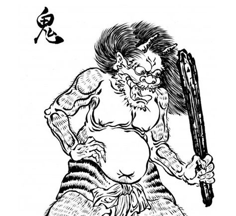 Oni - The earliest images of oni are seen in Buddhist depictions of hell, such as the late-twelfth-century Jigoku zoshi (Hell scrolls). As the image developed it was probably also influenced by early pictures of Raijin (the thunder deity), as found in, for example, the thirteenth-century illustrated Kitanotenjin engiemaki. Portrayal of the oni as a fierce, demonic, violent horned figure has remained remarkably consistent since these early illustrations. Original illustration by Shinonome Kijin. Spirits Art, Oni Art, Traditional Japanese Tattoo Designs, Japanese Yokai, Japanese Buddhism, Oni Demon, Japanese Oni, Japanese Monster, Monster Book Of Monsters