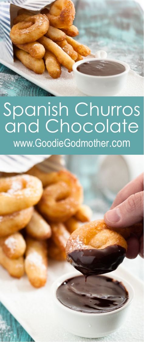 Spanish churros and chocolate are a common snack or even breakfast in Spain. This recipe - inspired by a trip to visit family - is a surprisingly simple and easy Spanish treat. 30 minutes! Vegetarian · Serves 4 · Spanish style churros with chocolate, a quintessential treat in Spain Churros And Chocolate, Spanish Dessert Recipes, Spanish Churros, Spanish Breakfast, Spanish Desserts, Churros Recipe, Spain Food, Tapas Recipes, Spanish Cuisine