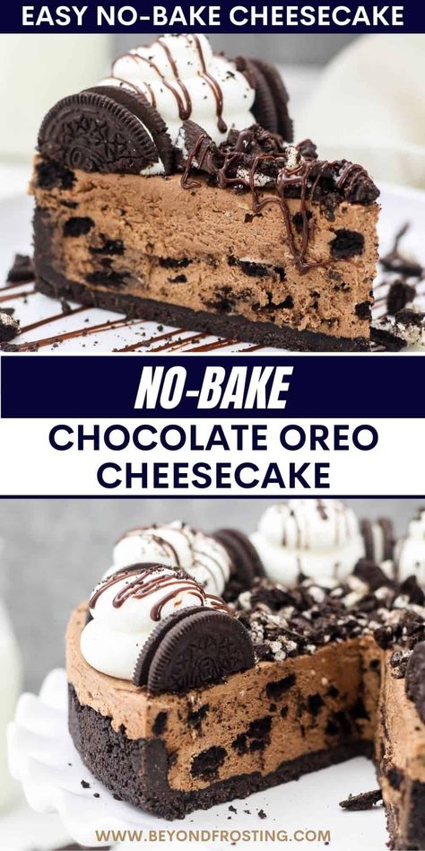 If you love no-bake cheesecakes, you have to try this mouthwatering No-Bake Chocolate Oreo Cheesecake. The Oreo crust is filled with no-bake chocolate cheesecake that’s loaded with Oreo cookies. If you love Oreo cheesecake, try this recipe! No Bake Chocolate Cookie Cheesecake, Keto Oreo Cheesecake, Good Party Desserts, Oreo Fudge Cheesecake, No Bake Chocolate Cheesecake Pie, Cheesecake Ideas No Bake, No Bake Chocolate Recipes, No Bake Chocolate Cheesecake Recipes, Oreo No Bake Cheesecake