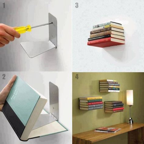 How to Make Invisible Book Shelf  tutorial and instruction. Follow us: www.facebook.com/fabartdiy Invisible Bookshelf, Invisible Shelves, Floating Books, Creative Bookshelves, Floating Bookshelf, Floating Bookshelves, 1000 Life Hacks, Diy Casa, Bookshelves Diy