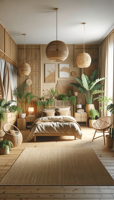 "Cozy bedroom with natural, warm vibes. Wooden bed, neutral bedding, vibrant plants. Woven wall hangings, bamboo accents. Wicker headboard, pendant lights. Woven rug, rattan chair by window with light curtains. Serene, inviting atmosphere." Wicker Decor Bedroom, Bamboo Wall Interior, Bali Room Design, Bamboo Day Bed, Modern Jungle Bedroom, Bamboo Bedroom Decor, Rattan Decor Interior Design, Bamboo Accent Wall, Wicker Bedroom Ideas