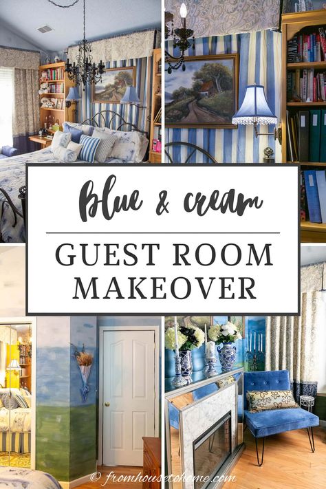 blue and cream guest room makeover Cream Guest Bedroom, Bookcase In Bedroom, Blue And Cream Bedroom, Bedroom Decor Blue, Guest Room Makeover, Black Walls Bedroom, Dramatic Bedroom, Cream Bedrooms, Guest Bedroom Makeover