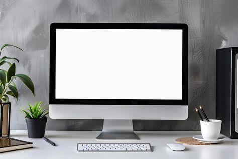 Computer Monitor Mockup with Blank Screen on White Desk for Tech Presentations Computer Mockup, Laptop Mockup, Blank Screen, White Desk, Mockup Downloads, Laptop Screen, Product Display, White Desks, Digital Assets