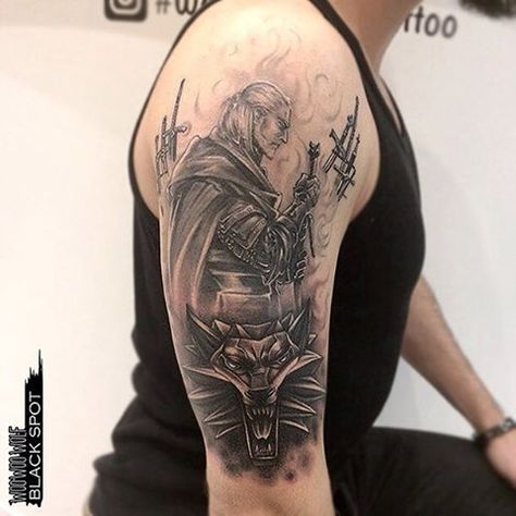 Geralt Of Rivia Tattoo Ideas, Geralt Of Rivia Tattoo, Witcher Tattoos, Witcher Tattoo, Gamer Tattoos, Geralt Of Rivia, The Witcher, Arm Tattoo, Tattoos And Piercings