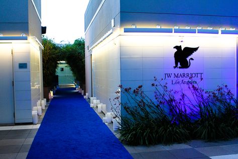 Rolling out the blue carpet - a classic entrance to a poolside event at the JW Marriott Los Angeles (decor by Destination 360) Blue Carpet Event, Classic Entrance, Event Entrance, Jw Marriott, Gala Events, Blue Carpet, Red Carpet Event, Corporate Events, Entrance