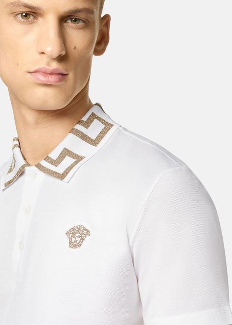 Made from cotton piqué, this short-sleeved polo shirt features a three-button placket, a lurex Greca embroidery at the collar and Medusa logo a the chest. Versace Polo Shirt, Versace Polo, Logo A, Versace Men, Shirt Sale, Men's Collection, Embroidery Logo, Online Design, Versace