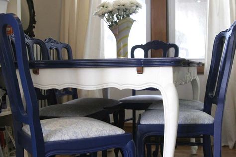 Blue Kitchen Tables, Navy Blue Furniture, Blue Dining Tables, Kitchen Table And Chairs, Bright Table, Before And After Kitchen, Sofa Dining Table, White Dining Table, Blue Furniture