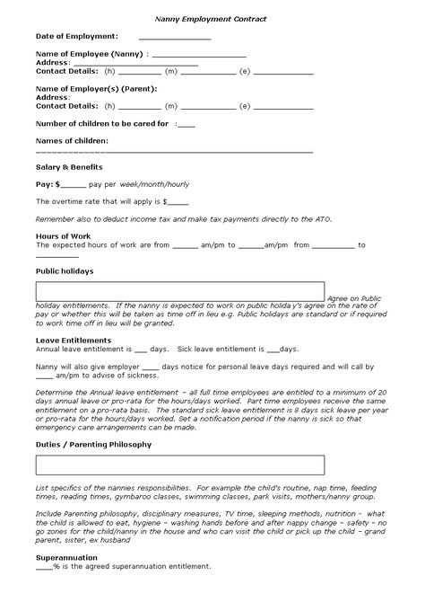 Nanny Contract Template - Nanny Agreement Template Caregiver Agreement Contract, Doula Contract Template Free, Nanny Essentials, Nanny Contract Template, Nanny Binder, Nanny Contract, Nanny Agency, Nanny Activities, Employment Contract