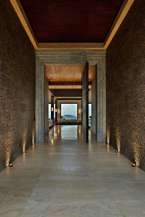 A Palace in the Mountains by Eduarda Correa | HomeDSGN Armani Casa, Armani Hotel, Thai House, Corridor Lighting, Bahia Brazil, Porte Cochere, Design Hotel, Stone House, Hotel Lobby