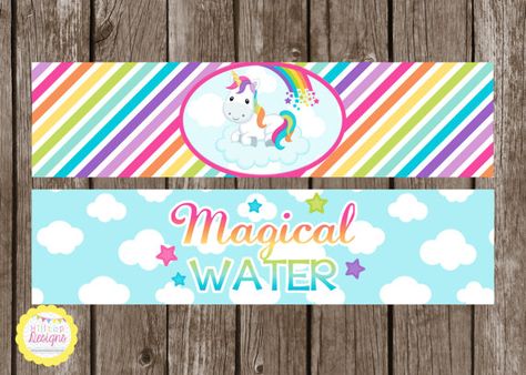 PRINTABLE Unicorn and Rainbows Water Bottle, Juice, or Drink Labels. YOU PRINT. on Etsy, $4.00 Water Bottle Labels Free, Treats Table, Water Bottle Labels Birthday, Bottle Juice, Rainbow Drinks, Unicorn Water, Unicorn Water Bottle, Unicorn Treats, Rainbow Unicorn Party