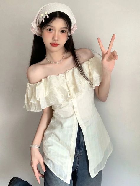 Aesthetic Vest, Vest Streetwear, Ruffles Blouse, Women Ruffle Blouse, Korean Shirt, 2000s Aesthetic, Button Down Short Sleeve, Off Shoulder Fashion, Streetwear Tops