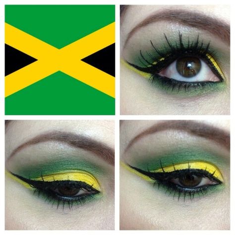 Jamaican  flag  makeup Jamaican Eyeshadow Looks, Jamaican Makeup Look, Jamaican Nails, Semi Makeup, Guyanese Culture, Jamaican Party, Jamaica Carnival, Beer Olympics, Eyeshadow Application