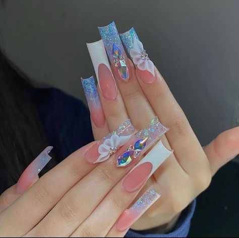 Cinderella Quince Nails, Light Blue Acrylic Nails For Quince, Blue Square Acrylic Nails With Rhinestones, Cute Nails Blue, Light Blue Nails With Crystals, Long Light Blue Nails With Rhinestones, Blue Long Acrylic Nails With Diamonds, Flame Nail Art, Nail Designs Bling