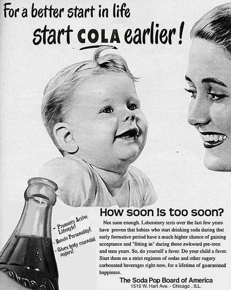 The ad isn't real. It's just a very successful vintage-ad parody created in 2002 by RJ White. Stare Reklamy, Soda Ads, Funny Commercial Ads, Funny Vintage Ads, Funny Commercials, Retro Posters, Commercial Ads, Funny Ads, Old Advertisements