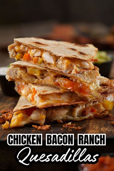 Indulge in the ultimate comfort food with our Chicken Bacon Ranch Quesadillas! Packed with tender chicken, crispy bacon, and a drizzle of creamy ranch, these quesadillas are a cheesy delight. Delicious Quesadillas, Quesadillas Chicken, Jalapeno Popper Chicken Recipe, Quesadilla Recipe, Easy Chicken Dinner Recipes, Veggie Delight, Quesadilla Recipes, Chicken Quesadillas, Chicken Bacon Ranch