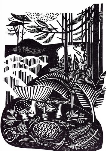 Autumn Heath, by Clare Curtis, printmaking, lino, relief, print, nature, mushroom, woodland, forest, linocut, deer, illustration Forest Linocut, Linocut Nature, Relief Printmaking, Lino Cuts, Deer Illustration, Linocut Printmaking, 20th Century Art, Lino Prints, Relief Printing