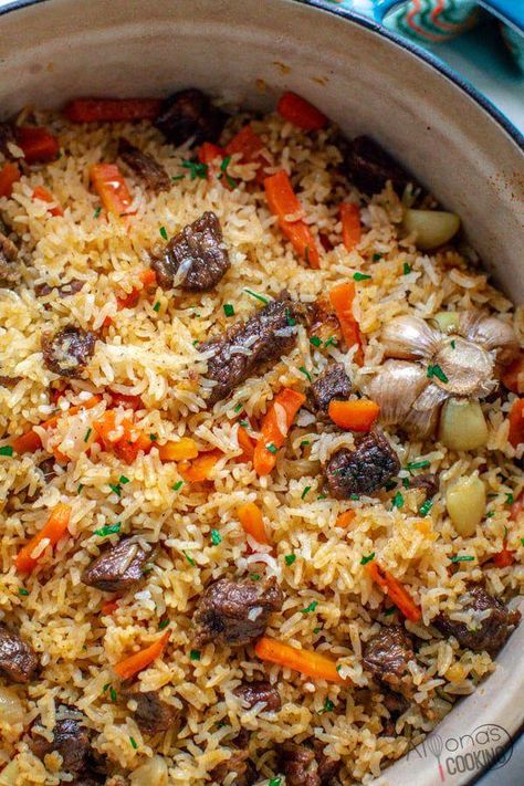 A one-pot Plov recipe that tastes like an Uzbek version for only a fraction of the time! Learn how to make plov, shared by a church chef himself! #DutchOvenDelights Plov Recipe, Grocery List, Food App, Dutch Oven, Food Waste, One Pot, Meal Planner, All In One, Oven