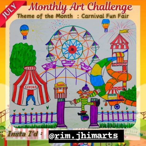 Monthly Art Challenge Season 2 July Month Organised by @rdjs7761 @handmade_greetingcards_gifts Featuring partner @promote_artist_creator Theme - Carnival Fun Fair Life is a fair: full of rides, games, and endless laughter. "Let the fair adventures begin! Brace yourself for an unforgettable day. " Engage with my post support me Like comment share and save. Follow for more @rim.jhimarts Day 86/100 #monthlyartschallenges #rdjs7761 #gujariyagreetingcards #promoteartistcreator #craft ... Monthly Art Challenge, July Month, Drawing Themes, Drawing Competition, Fun Fair, Brace Yourself, Like Comment Share, The Fair, Art Challenge