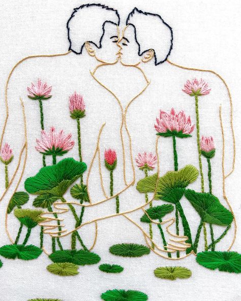 Embroidered Lotus Flower, Embroidery Lotus Flower, Sealife Embroidery, Queer Embroidery, Lotus Embroidery Design, Lotus Flower Embroidery, Lotus Embroidery, Sea Life Artwork, Wedding Embroidery